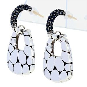 John Hardy Kali Silver Lava Door Knocker Hoop Drop Earrings with black sapphire